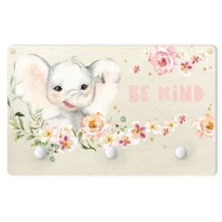 Kindergarderobe Holz - Aquarell Elefant - Be Kind In Pastell