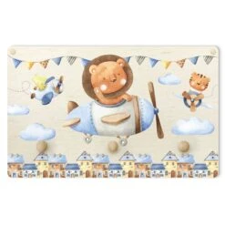 Kindergarderobe Holz - Aquarell Tierpilot Löwe In Bunt