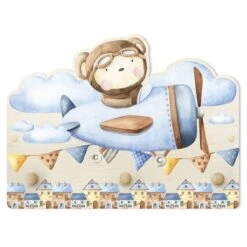 Kindergarderobe Holz - Aquarell Tierpilot Teddy In Bunt