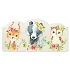 Kindergarderobe Holz - Aquarell Waldtiere Mit Blumen III In Orange