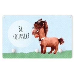 Kindergarderobe Holz - Bebrilltes Pony Mit Spruch Be Yourself In Blau