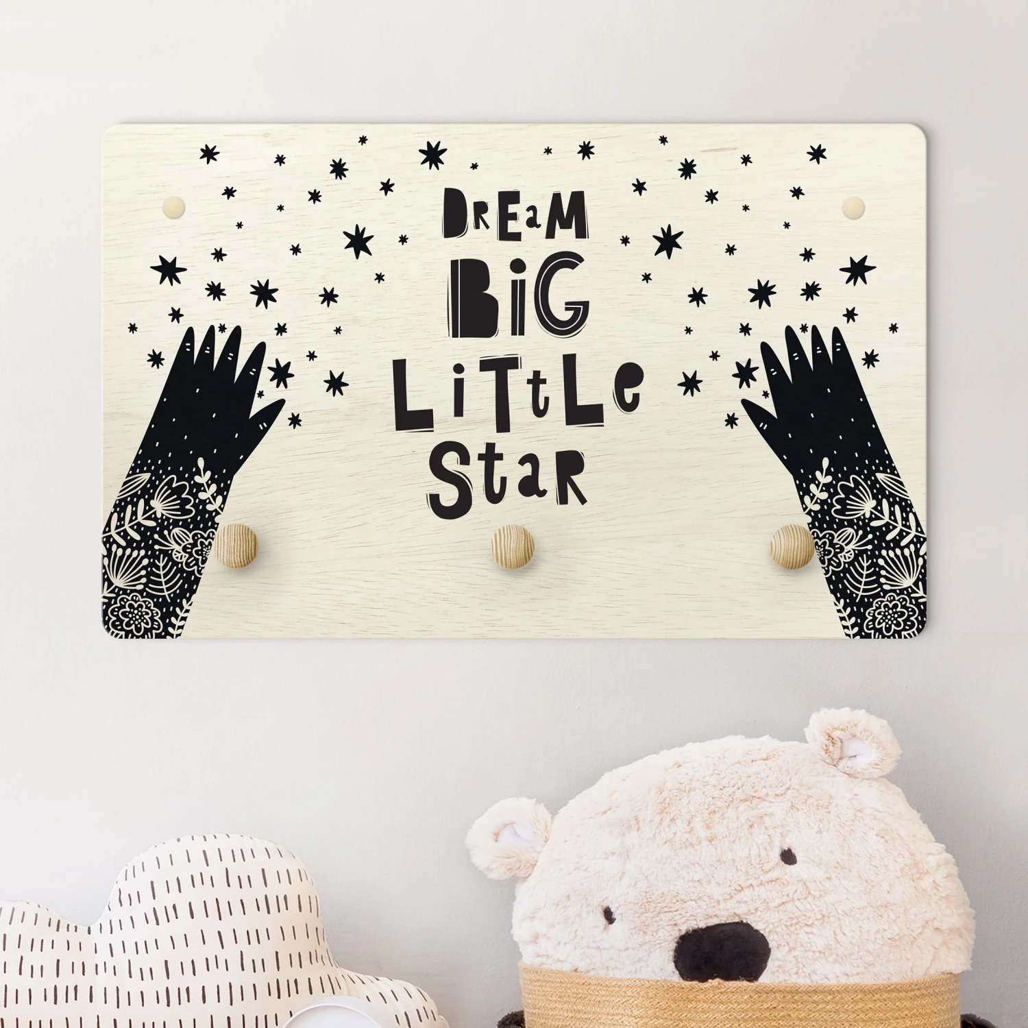 Kindergarderobe Holz - Dream Big Little Star Mit Blumen Schwarz In Schwarz 2 Kindergarderobe Holz - Dream Big Little Star Mit Blumen Schwarz In Schwarz – Bild 2