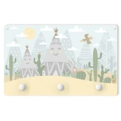 Kindergarderobe Holz - Indianerzelt Mit Kakteen In Türkis