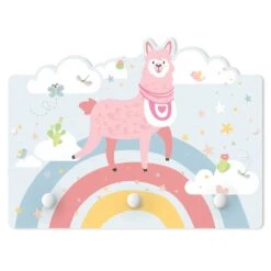 Kindergarderobe Holz - Lama Auf Regenbogen Sterne U. Punkte In Bunt