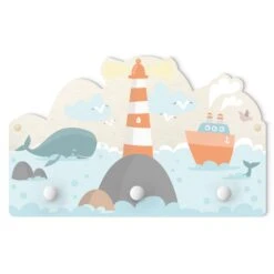 Kindergarderobe Holz - Leuchtturm Und Wale In Pastell