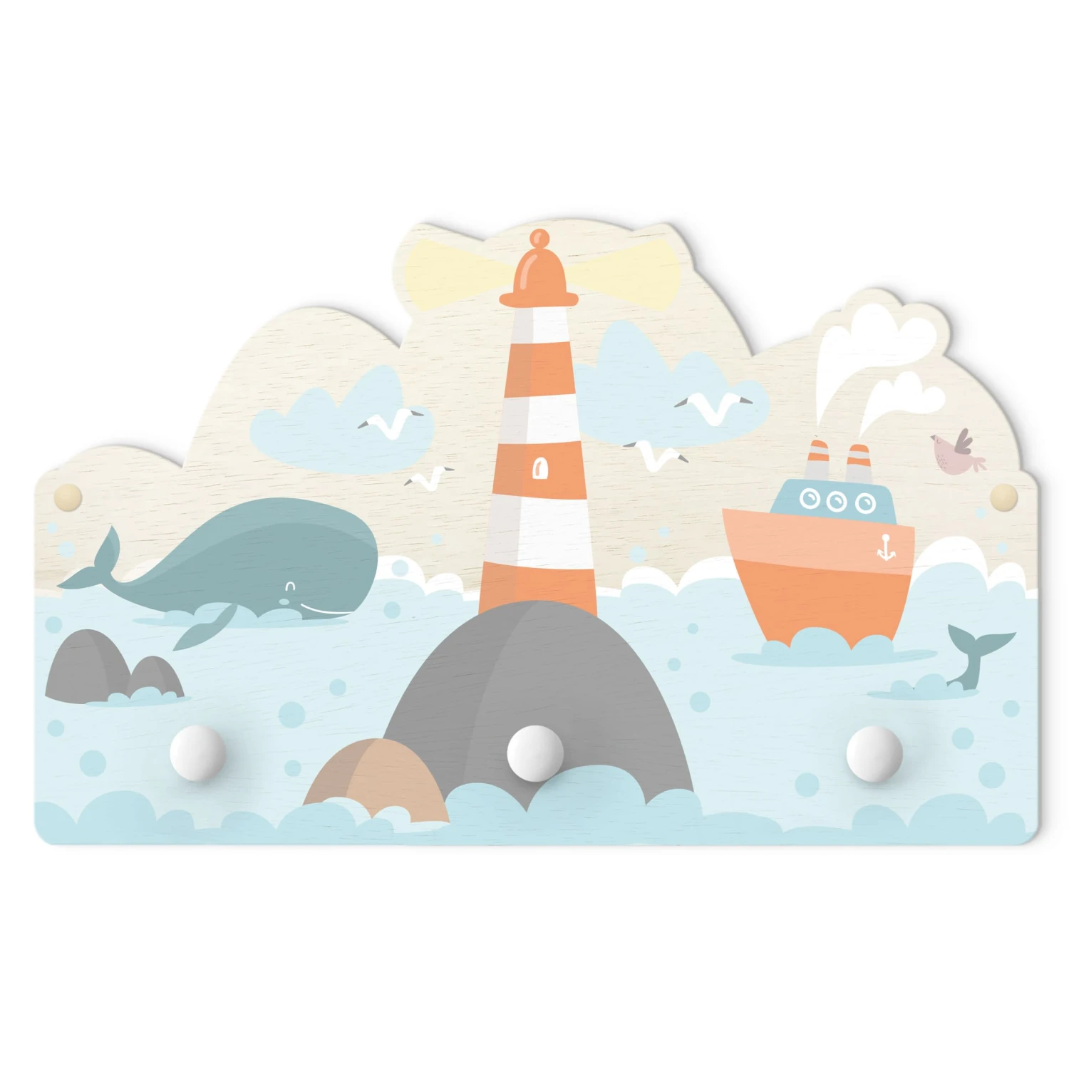 Kindergarderobe Holz - Leuchtturm Und Wale In Pastell 1 Kindergarderobe Holz - Leuchtturm Und Wale In Pastell
