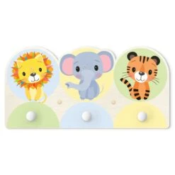 Kindergarderobe Holz - Löwe Elefant Tiger In Pastell