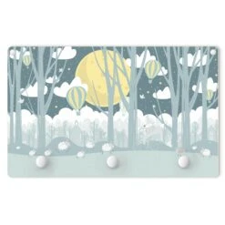 Kindergarderobe Holz - Mond Mit Bäumen Und Häusern In Blau