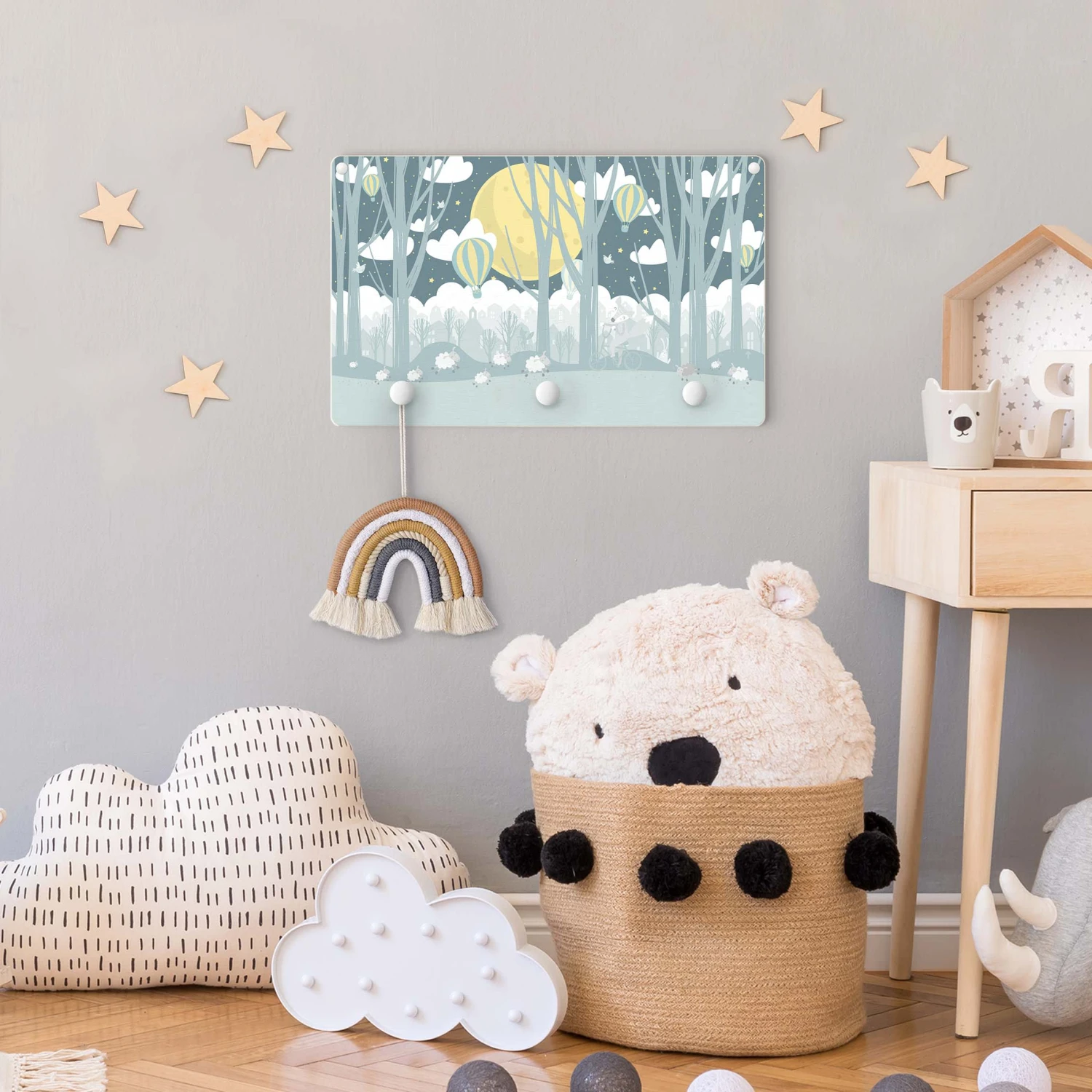 Kindergarderobe Holz - Mond Mit Bäumen Und Häusern In Blau 4 Kindergarderobe Holz - Mond Mit Bäumen Und Häusern In Blau – Bild 4