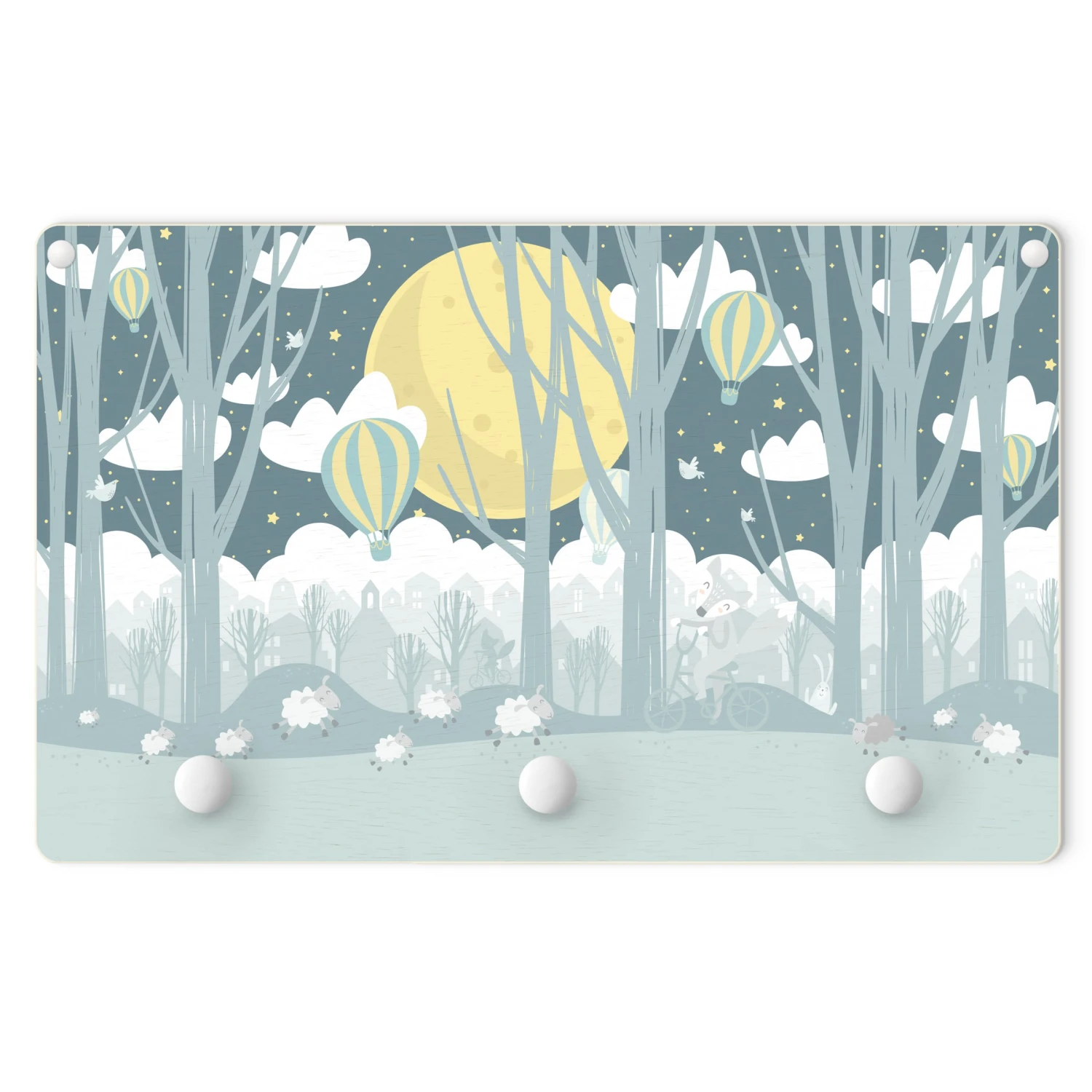 Kindergarderobe Holz - Mond Mit Bäumen Und Häusern In Blau 1 Kindergarderobe Holz - Mond Mit Bäumen Und Häusern In Blau