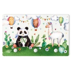 Kindergarderobe Holz - Panda Und Lama Aquarell In Grün