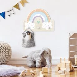 Kindergarderobe Holz - Regenbogen Mit Wolken Pastell In Pastell -Limango wallart kindergarderobe holz regenbogen mit wolken pastell in pastell 2