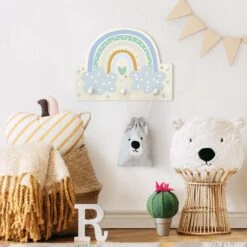 Kindergarderobe Holz - Regenbogen Mit Wolken Türkis In Pastell -Limango wallart kindergarderobe holz regenbogen mit wolken turkis in pastell 2