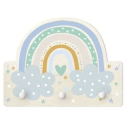 Kindergarderobe Holz - Regenbogen Mit Wolken Türkis In Pastell