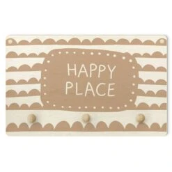 Kindergarderobe Holz - Spruch Happy Place Im Wolkenband Natur In Creme-Beige