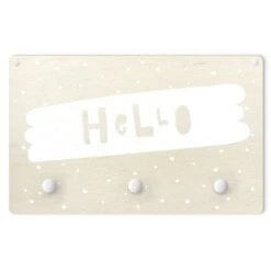 Kindergarderobe Holz - Spruch Hello Auf Pinselstrich Weiß In Weiß