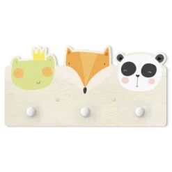 Kindergarderobe Holz - Süßer Zoo - Frosch Fuchs Und Panda In Grün
